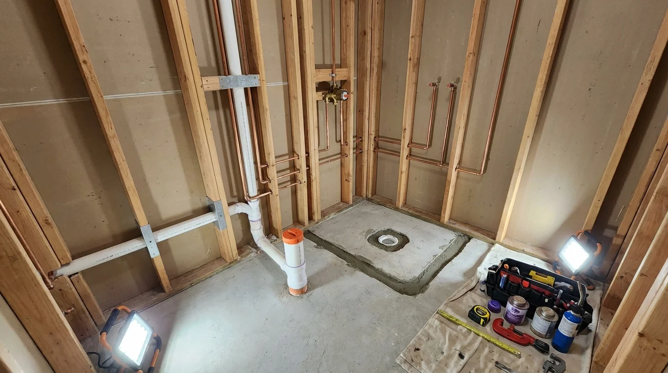 Bathroom rough-in plumbing during remodel by Johns Plumbing LLC in Bad Axe