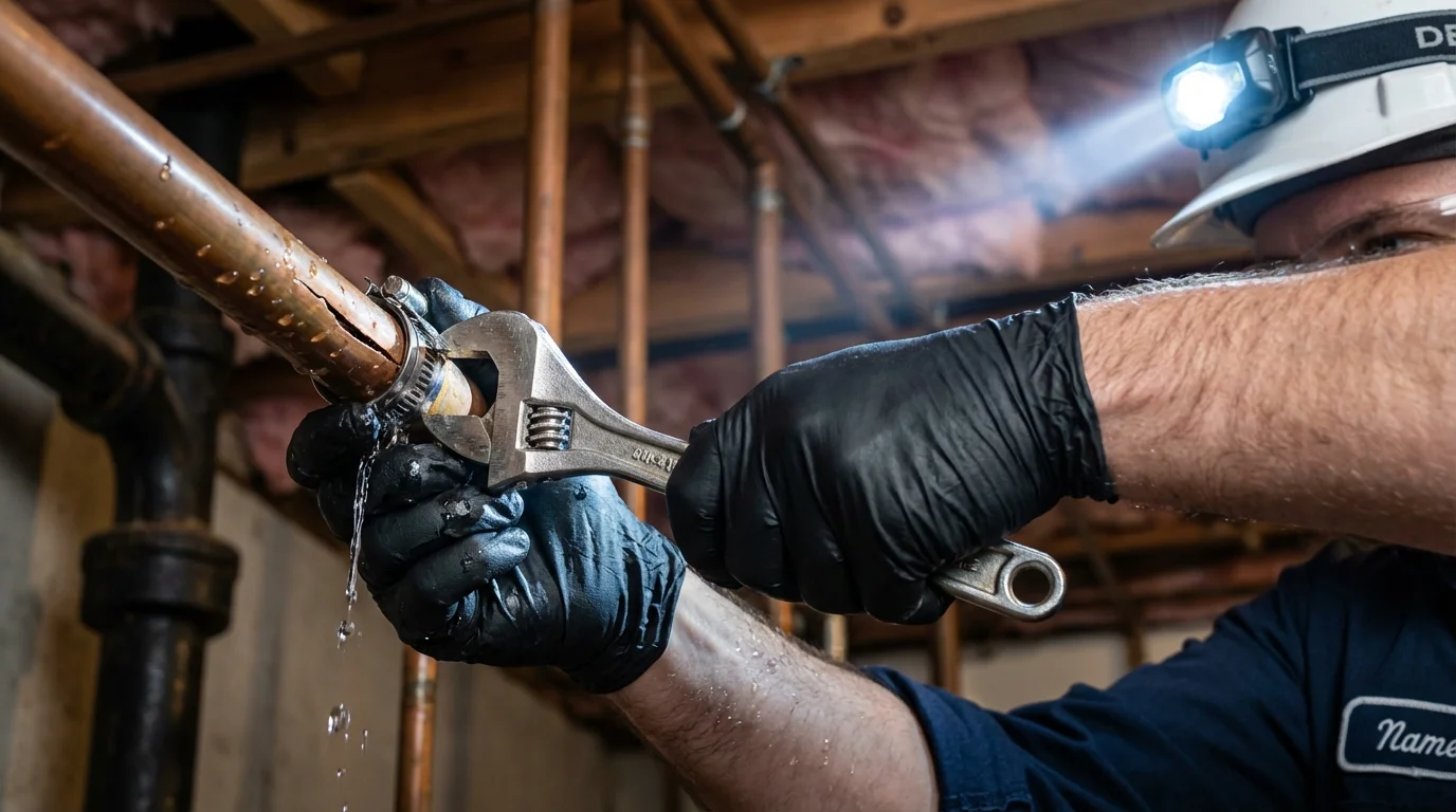 Emergency pipe clamp repair being performed by a Johns Plumbing LLC plumber in Bad Axe