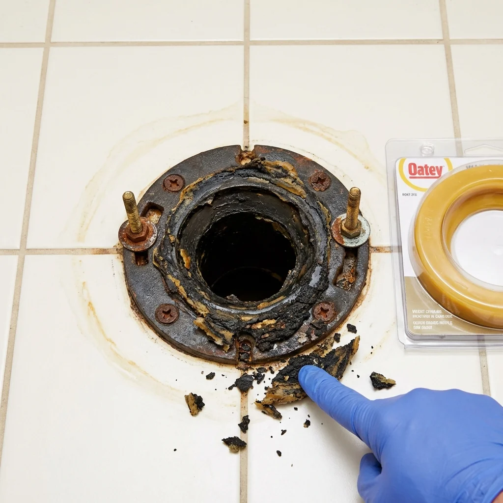Failed wax ring showing water seepage at the base of a toilet in a Bad Axe, MI home
