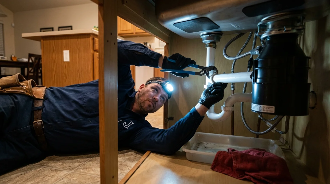 P-trap and supply line connections under a kitchen sink showing a common leak point in Bad Axe, MI